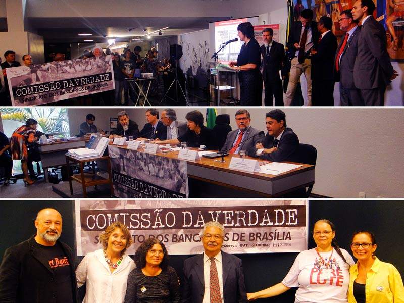 Sindicato expõe faixa sobre sua Comissão da Verdade no ato AI-5 Nunca Mais; audiência pública debate o relatório da CNV; e integrantes da Comissão da Verdade do Sindicato posam ao lado da deputada Erika Kokay